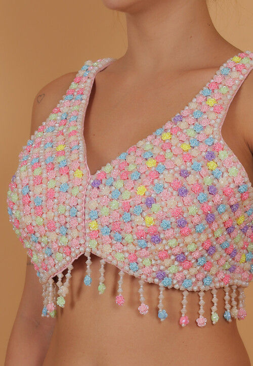 Hand Embroidered Art Silk Blouse in Multicolor