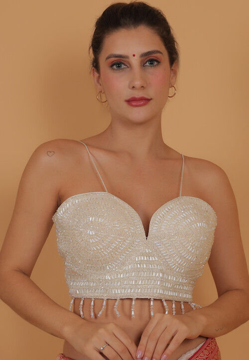 Hand Embroidered Art Silk Blouse in White