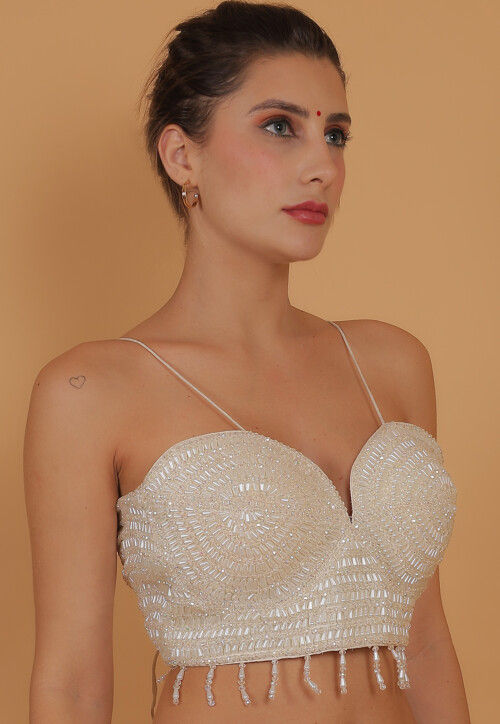 Hand Embroidered Art Silk Blouse in White