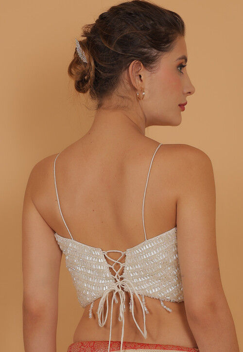 Hand Embroidered Art Silk Blouse in White