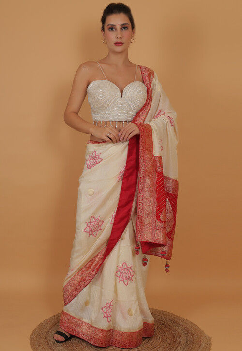 Hand Embroidered Art Silk Blouse in White