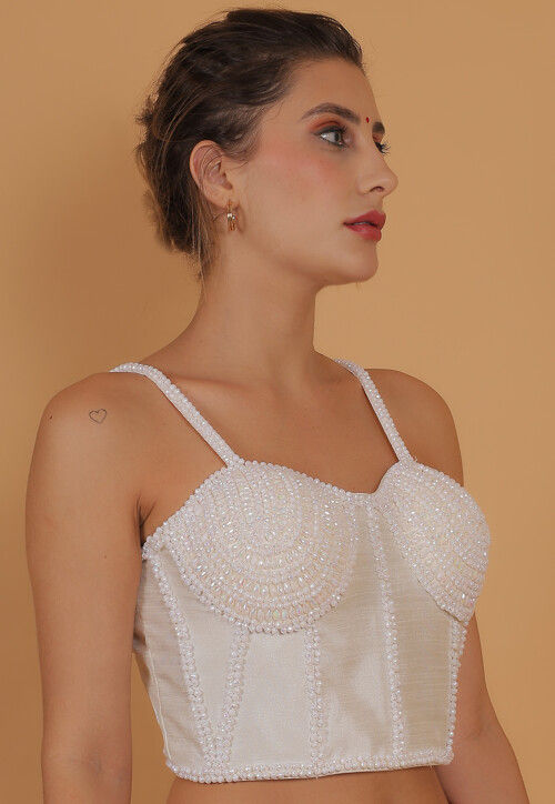 Hand Embroidered Art Silk Blouse in White