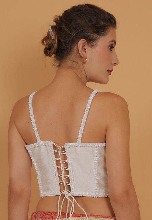 Hand Embroidered Art Silk Blouse in White