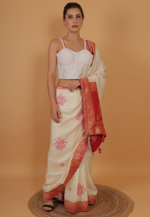 Hand Embroidered Art Silk Blouse in White