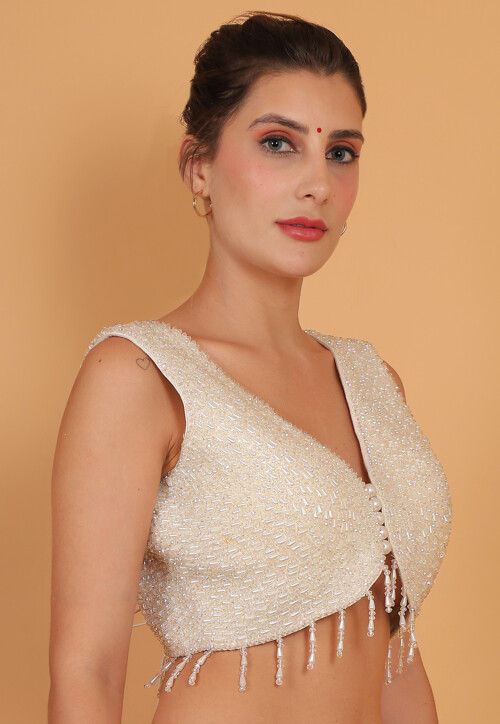 Hand Embroidered Art Silk Blouse in White