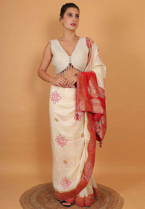 Hand Embroidered Art Silk Blouse in White