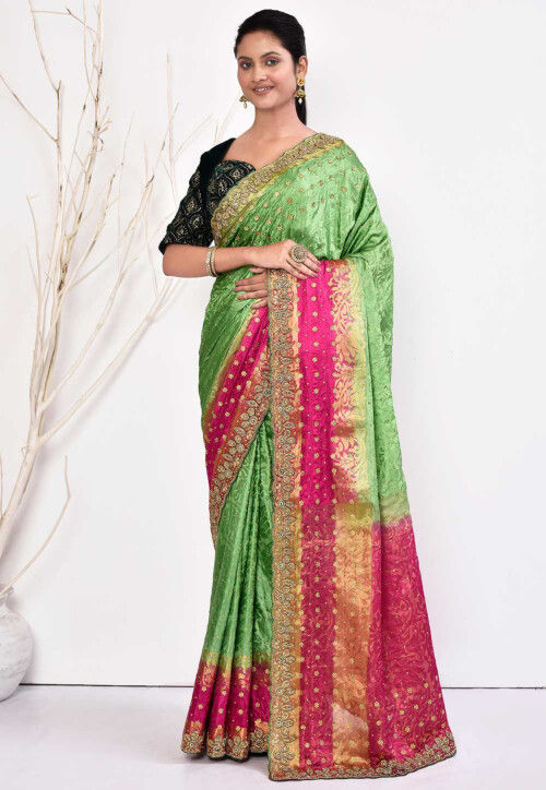 Hand Embroidered Art Silk Brasso Saree in Green
