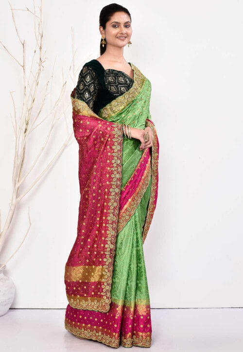 Hand Embroidered Art Silk Brasso Saree in Green