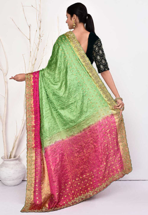 Hand Embroidered Art Silk Brasso Saree in Green