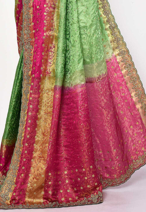 Hand Embroidered Art Silk Brasso Saree in Green