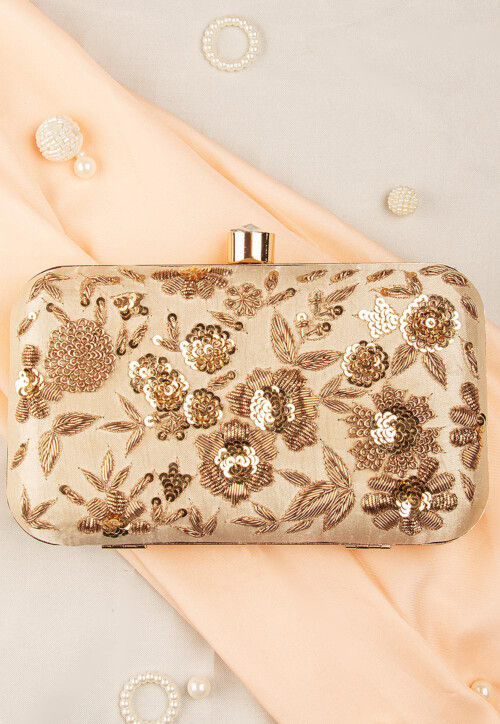 Hand Embroidered Art Silk Clutch Bag in Beige