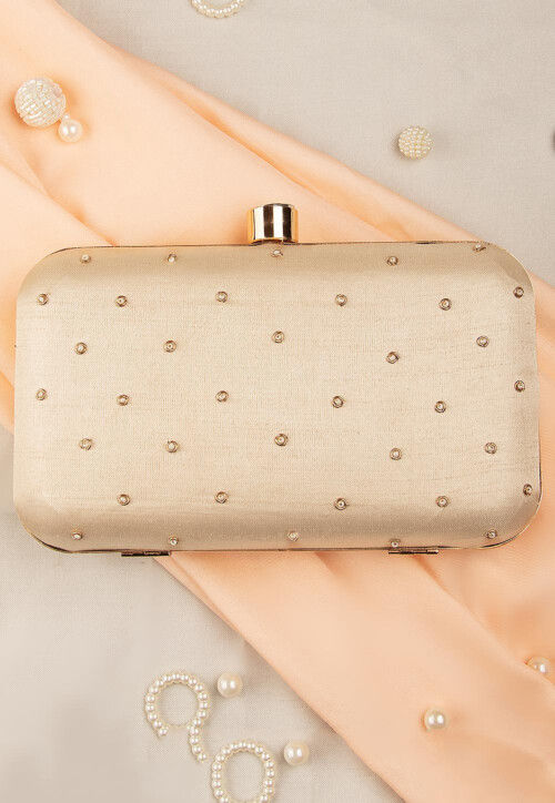 Hand Embroidered Art Silk Clutch Bag in Beige
