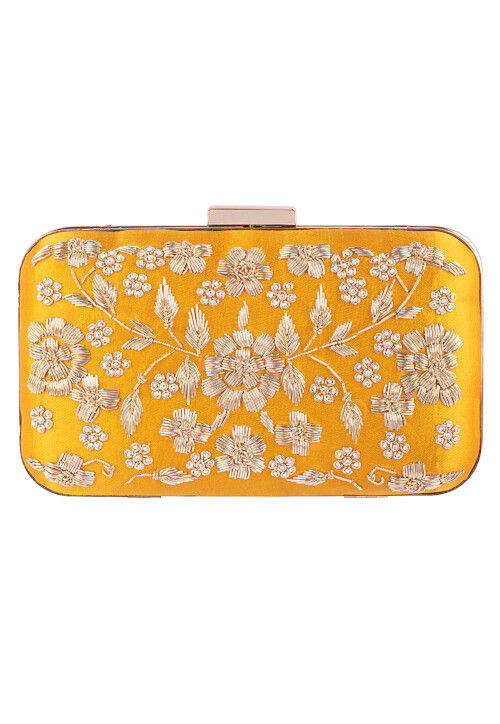 Hand Embroidered Art Silk Clutch Bag in Yellow