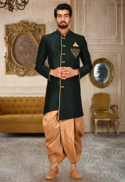 Hand Embroidered Art Silk Dhoti Kurta in Dark Green
