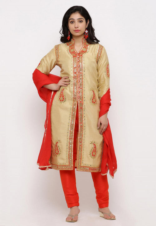 Hand Embroidered Art Silk Front Slit Straight Suit in Beige