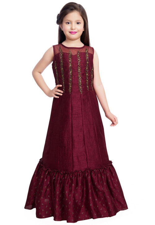 Buy Maroon Silk Hand Worked Designer Gown | Gown For Girls