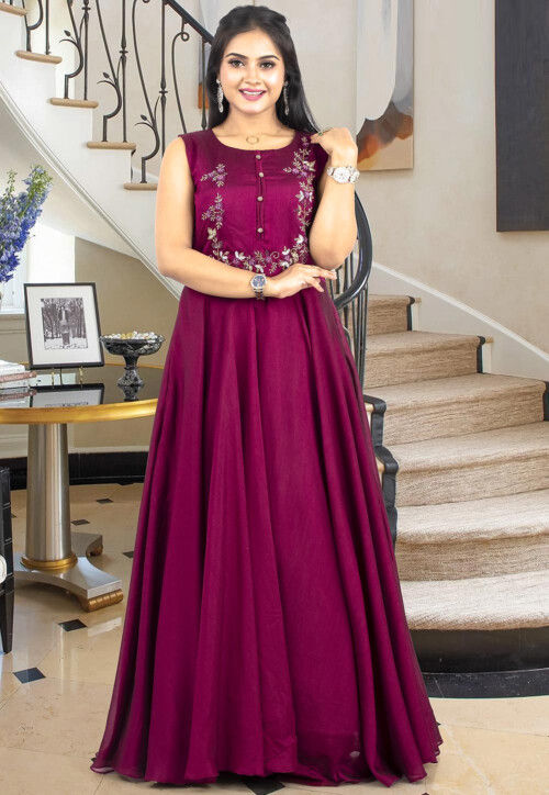 Hand Embroidered Art Silk Gown in Purple