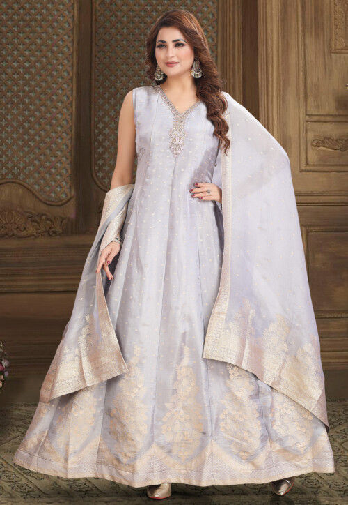 Hand Embroidered Art Silk Jacquard Abaya Style Suit in Grey