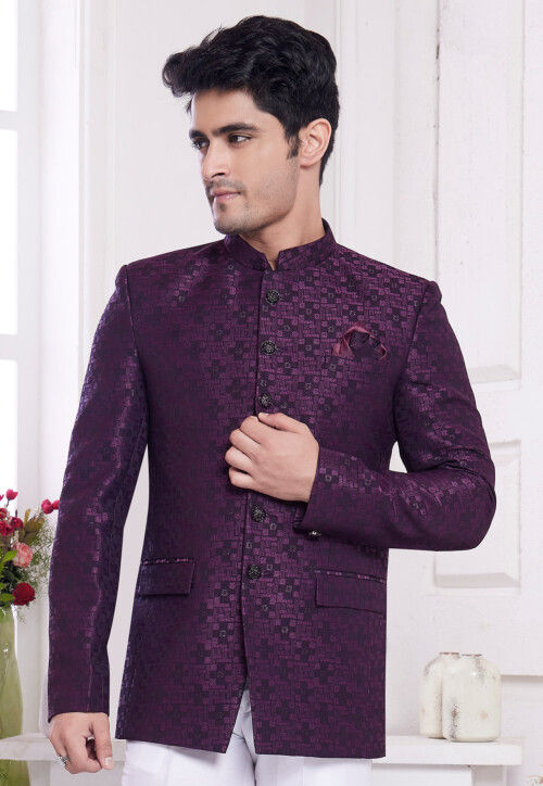 Hand Embroidered Art Silk Jacquard Jodhpuri Jacket in Purple