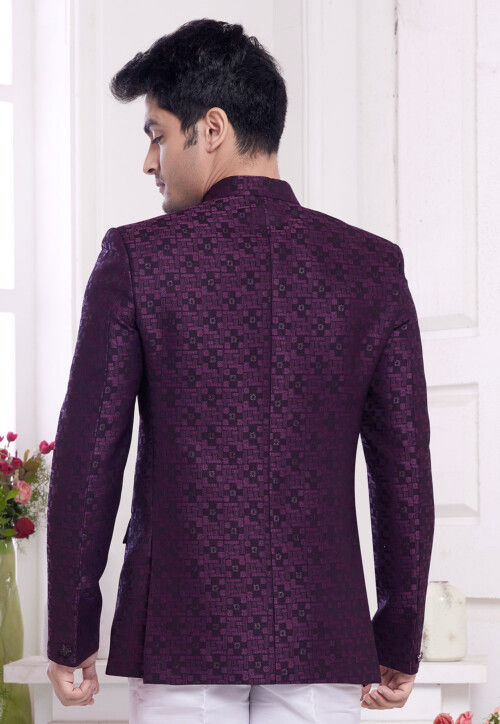 Hand Embroidered Art Silk Jacquard Jodhpuri Jacket in Purple
