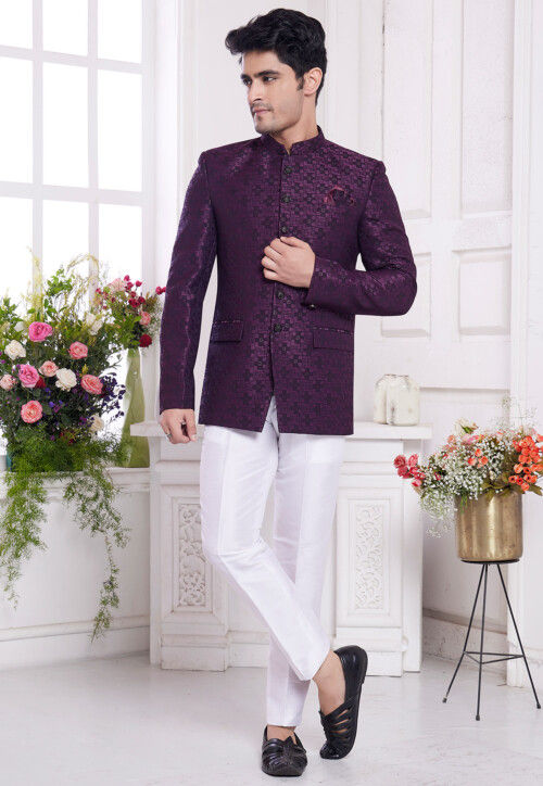 Hand Embroidered Art Silk Jacquard Jodhpuri Jacket in Purple