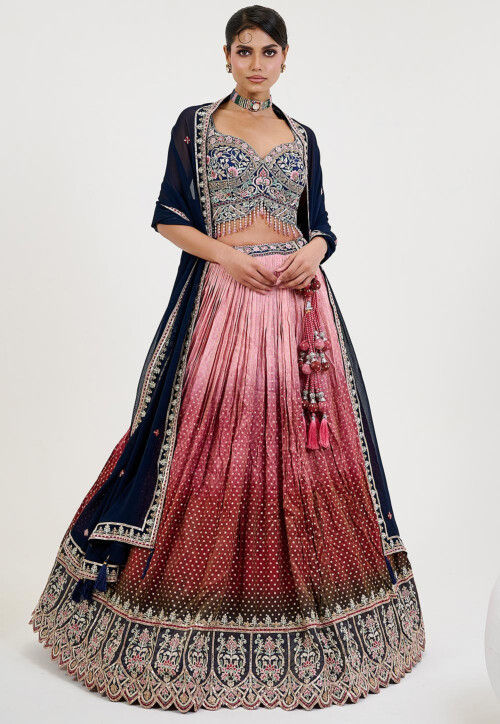 Hand Embroidered Art Silk Jacquard Lehenga in Shaded Peach and Maroon