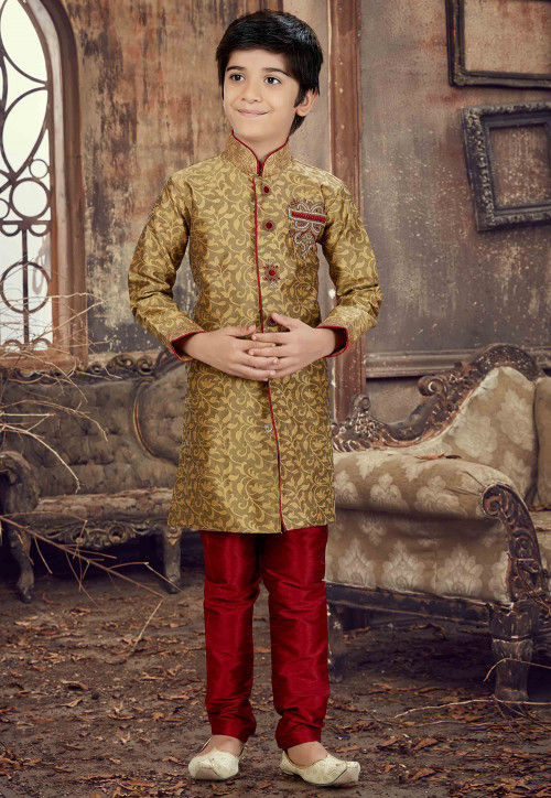 Hand Embroidered Art Silk Jacquard Sherwani in Olive Green