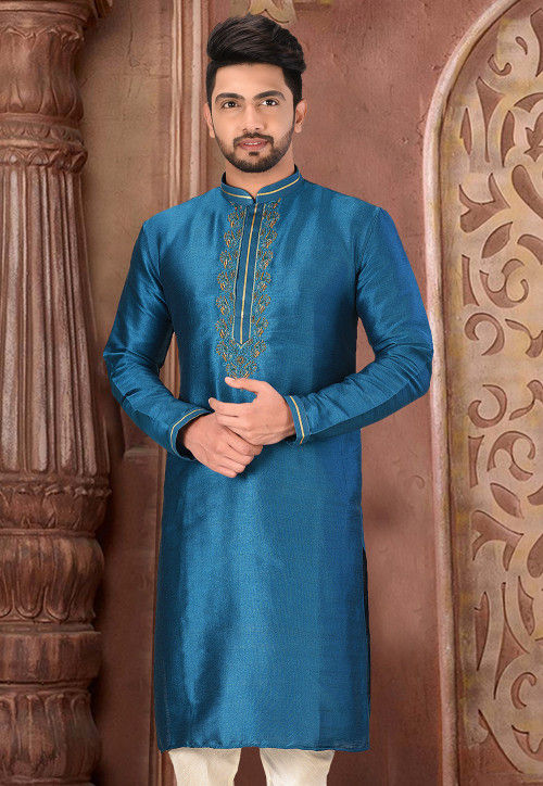 Hand Embroidered Art Silk Kurta in Blue