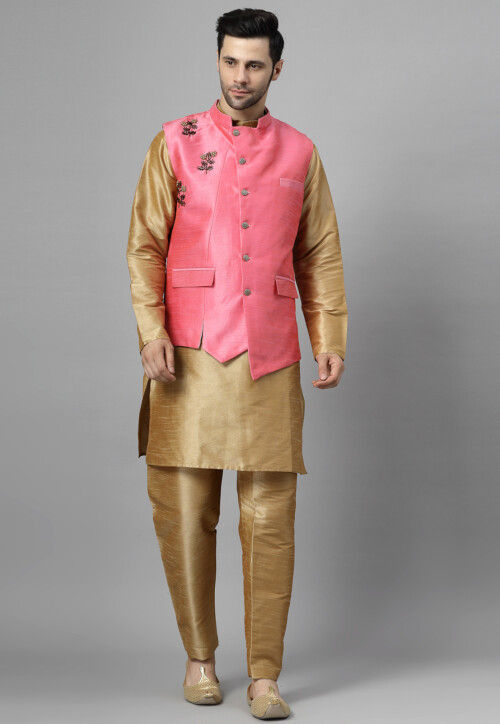Hand Embroidered Art Silk Kurta Set in Beige
