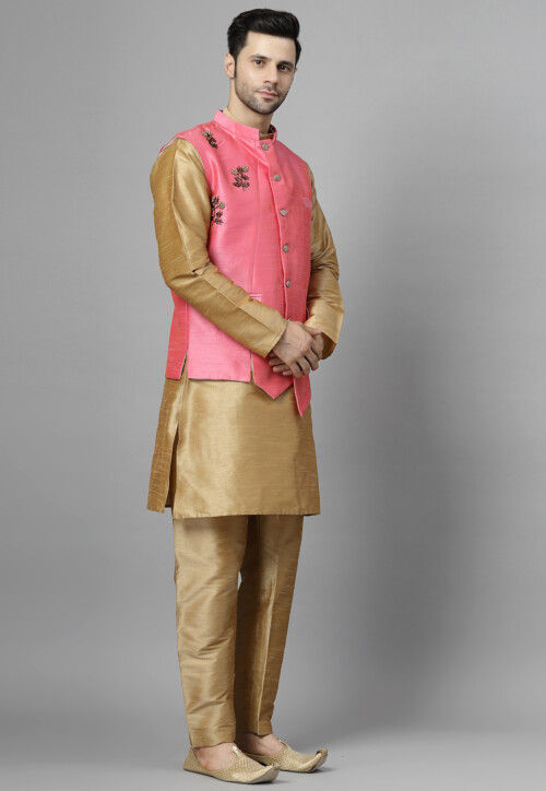 Hand Embroidered Art Silk Kurta Set in Beige