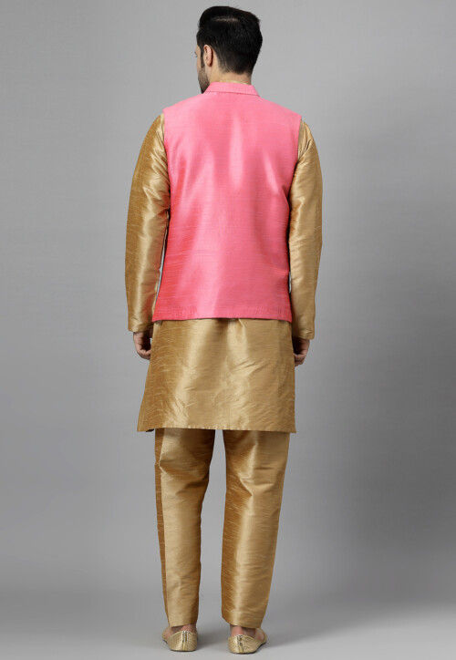 Hand Embroidered Art Silk Kurta Set in Beige