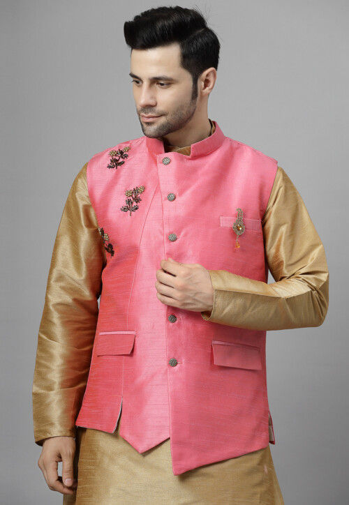 Hand Embroidered Art Silk Kurta Set in Beige