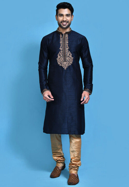 Hand Embroidered Art Silk Kurta Set in Navy Blue