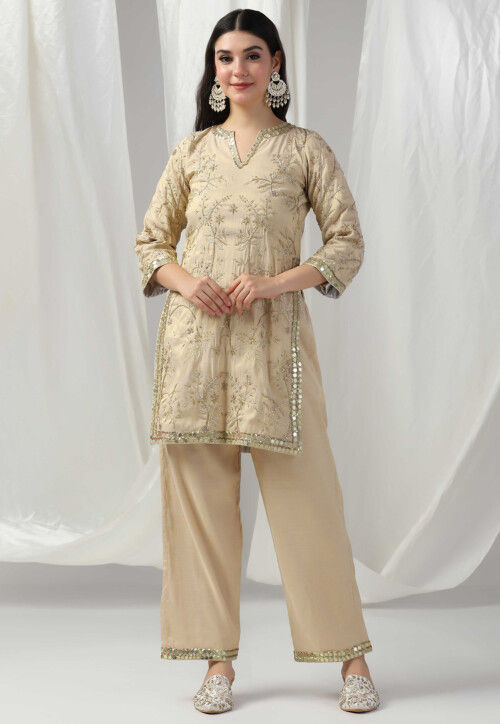 Hand Embroidered Art Silk Kurti Set in Light Golden