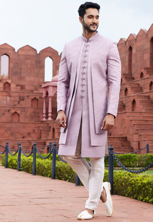 Hand Embroidered Art Silk Layered Sherwani in Light Purple