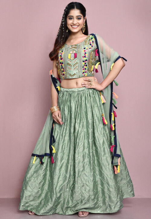 Hand Embroidered Art Silk Lehenga in Dusty Green