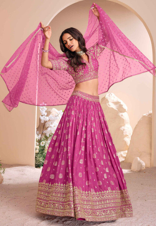Hand Embroidered Art Silk Jacquard Lehenga in Pink