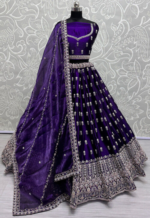Hand Embroidered Art Silk Lehenga in Purple