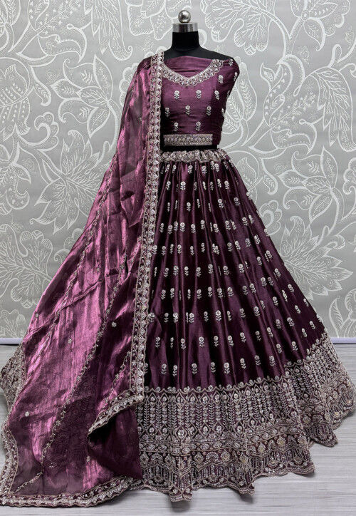 Hand Embroidered Art Silk Lehenga in Wine