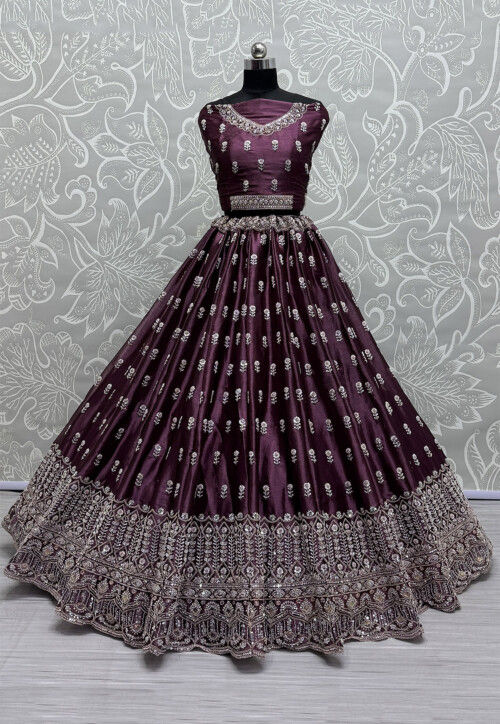 Hand Embroidered Art Silk Lehenga in Wine