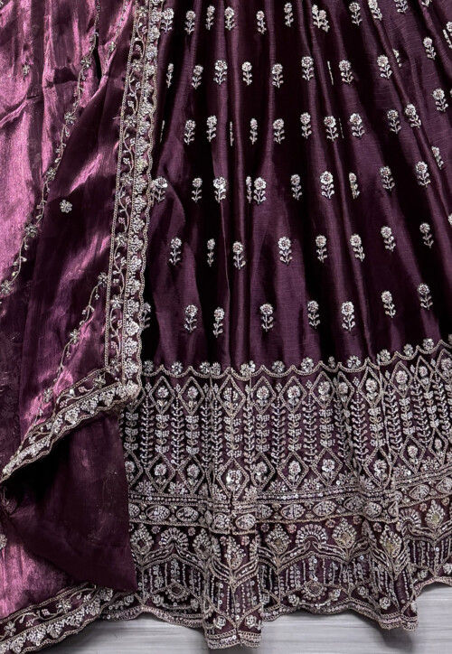 Hand Embroidered Art Silk Lehenga in Wine