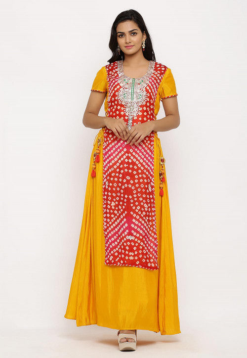 Hand Embroidered Art Silk Long Kurta in Red and Mustard
