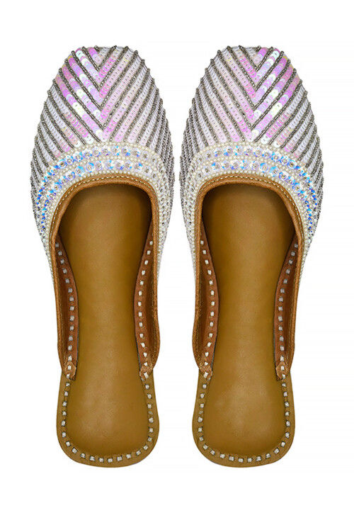 Hand Embroidered Art Silk Women Mules in White
