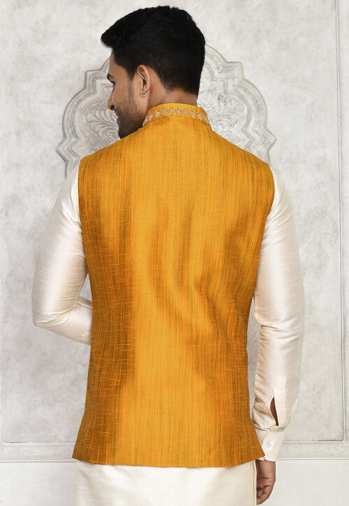 Hand Embroidered Art Silk Nehru Jacket in Mustard