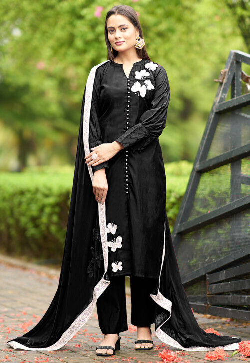 Hand Embroidered Art Silk Pakistani Suit in Black