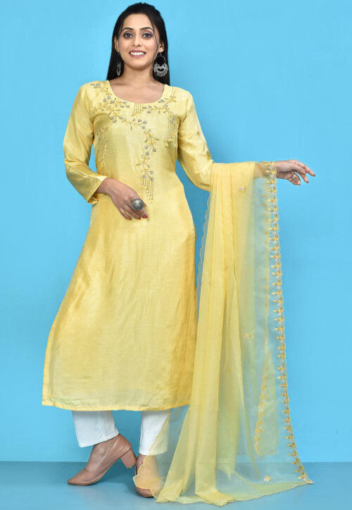 Hand Embroidered Art Silk Pakistani Suit in Light Yellow