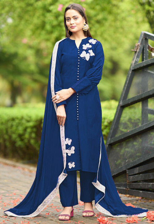 Hand Embroidered Art Silk Pakistani Suit in Navy Blue
