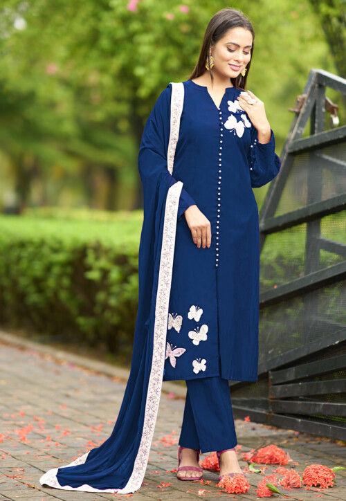 Hand Embroidered Art Silk Pakistani Suit in Navy Blue
