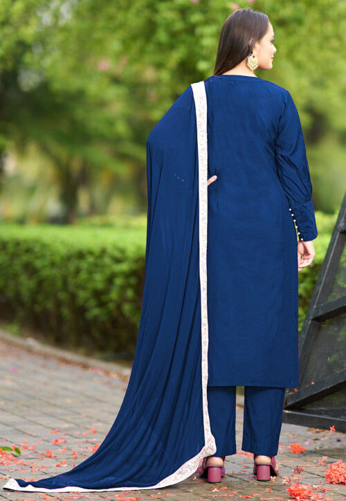 Hand Embroidered Art Silk Pakistani Suit in Navy Blue