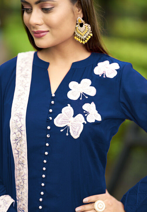 Hand Embroidered Art Silk Pakistani Suit in Navy Blue